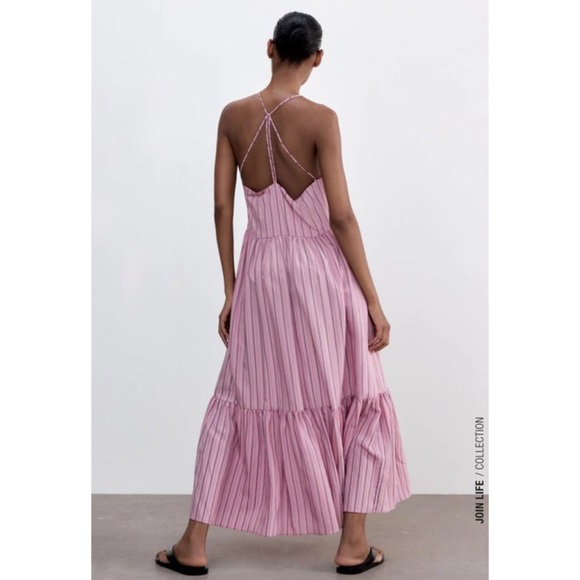 Zara Striped Strappy Poplin Maxi Dress Pink S - Picture 2 of 11